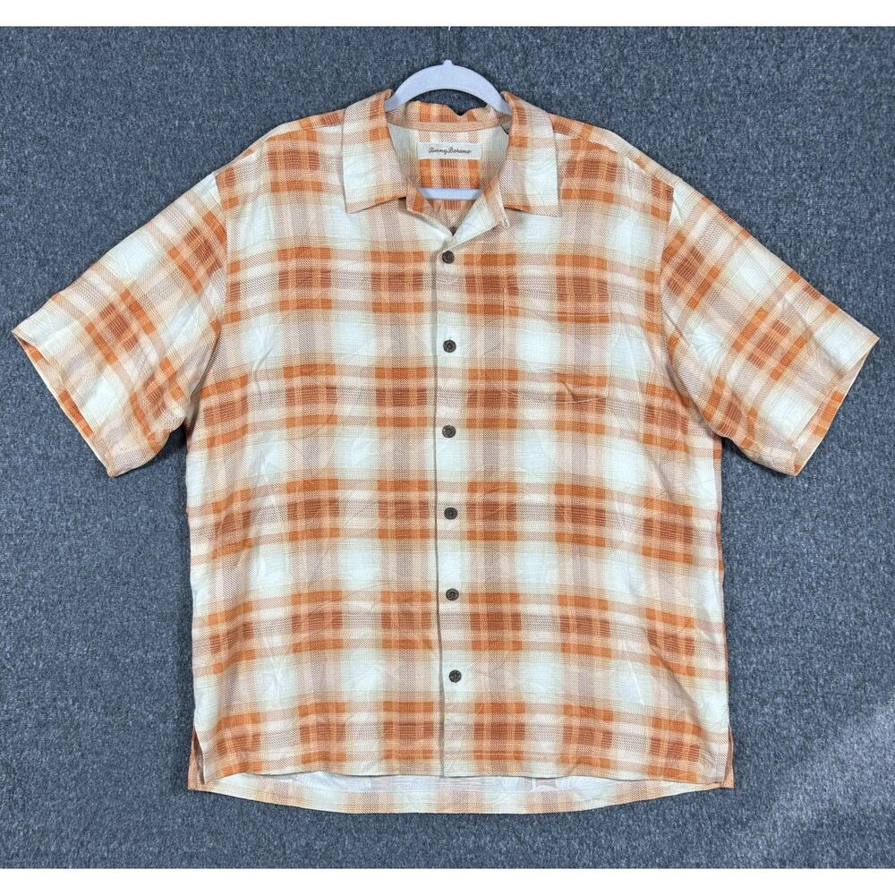 Tommy Bahama Men's Plaid Silk Palm Jacquard Camp Shirt Size L Orange